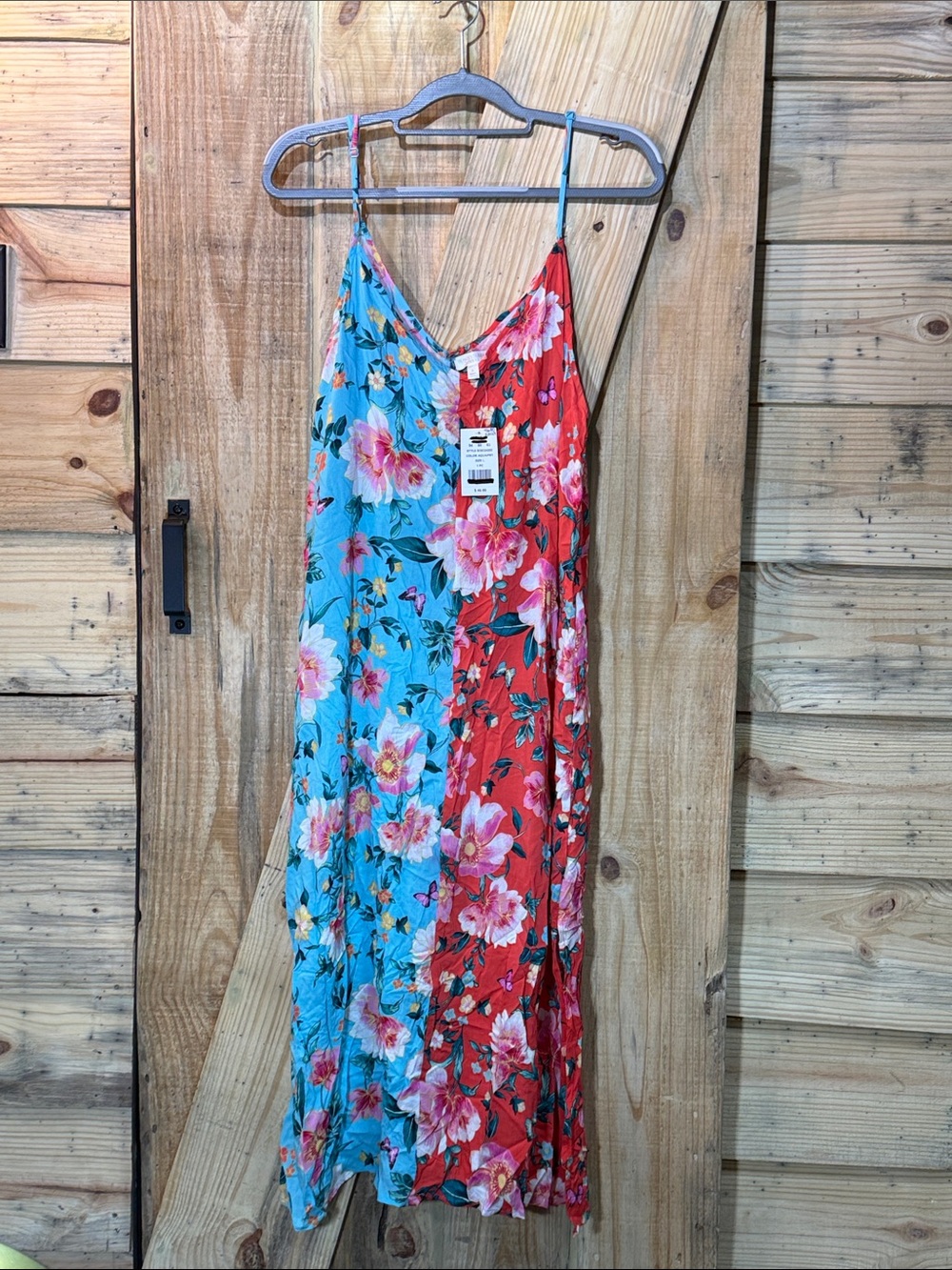 Floral Two-Tone Slip Dress - Blue & Red